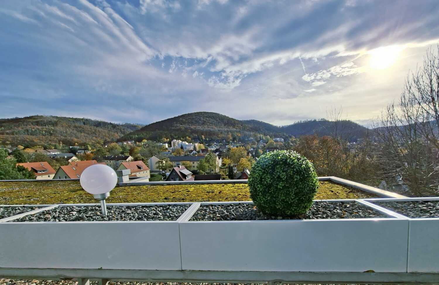 Dachterrasse Bergliebe 13 mit moderner Möblierung und Aussicht in Bad Harzburg